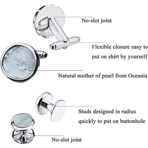 MOTHER-OF-PEARL Tuxedo Shirt Button and Cufflink Set Silver Tone- MOP - Picture 2 of 7